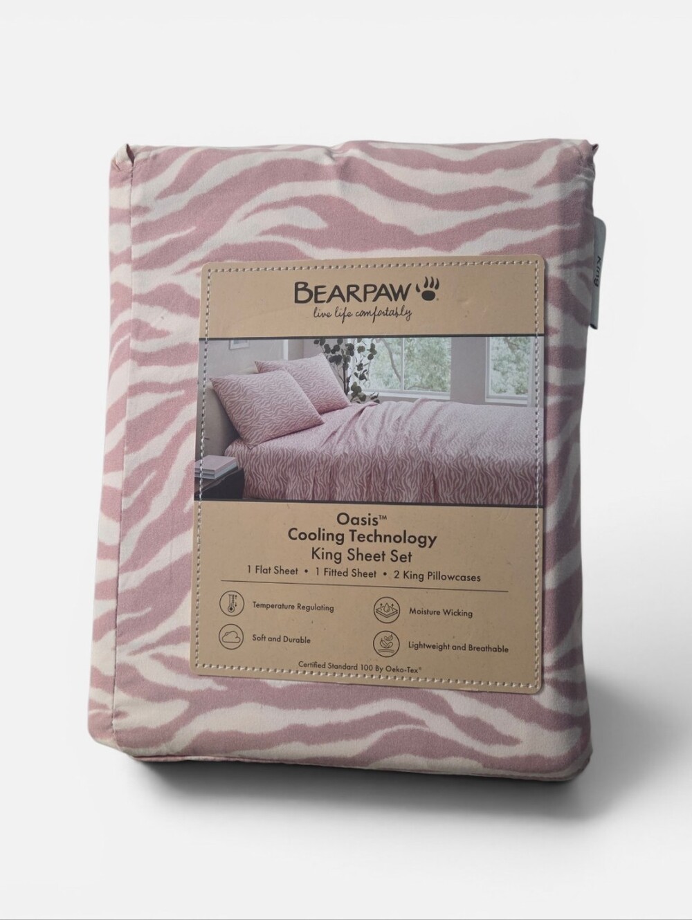 BEARPAW Oasis Pink Zebra King Sheet Set Cooling Breathable Bedding Coquette